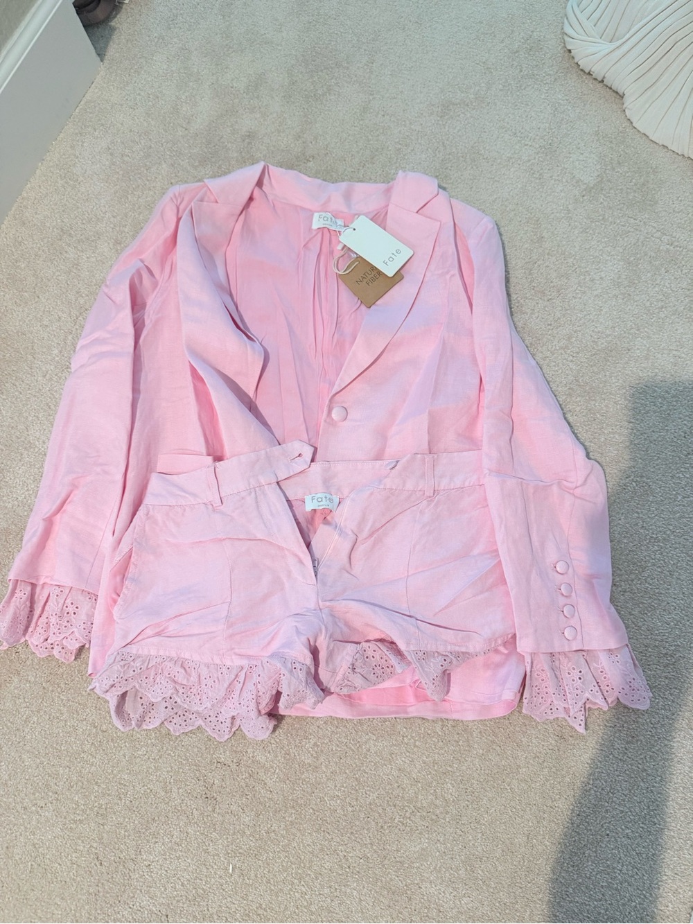 These Three Boutique Forte Pink Linen Blend Set with Eyelet Trim